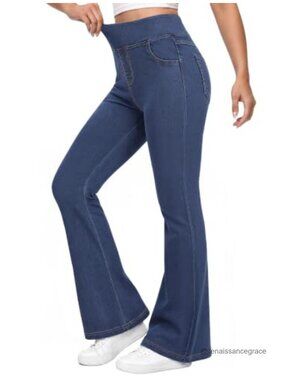 Stretchy Pull On Flare Jeans High Waisted Denim